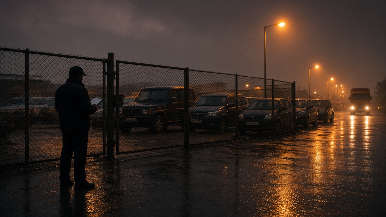 Secured vehicle yard at dusk with parked inventory behind the gate.