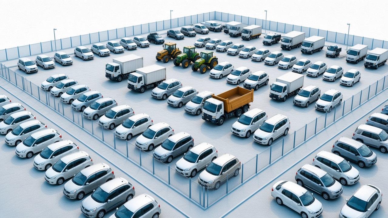 Bright secured vehicle yard with organised cars, trucks, and tractors behind a fence.